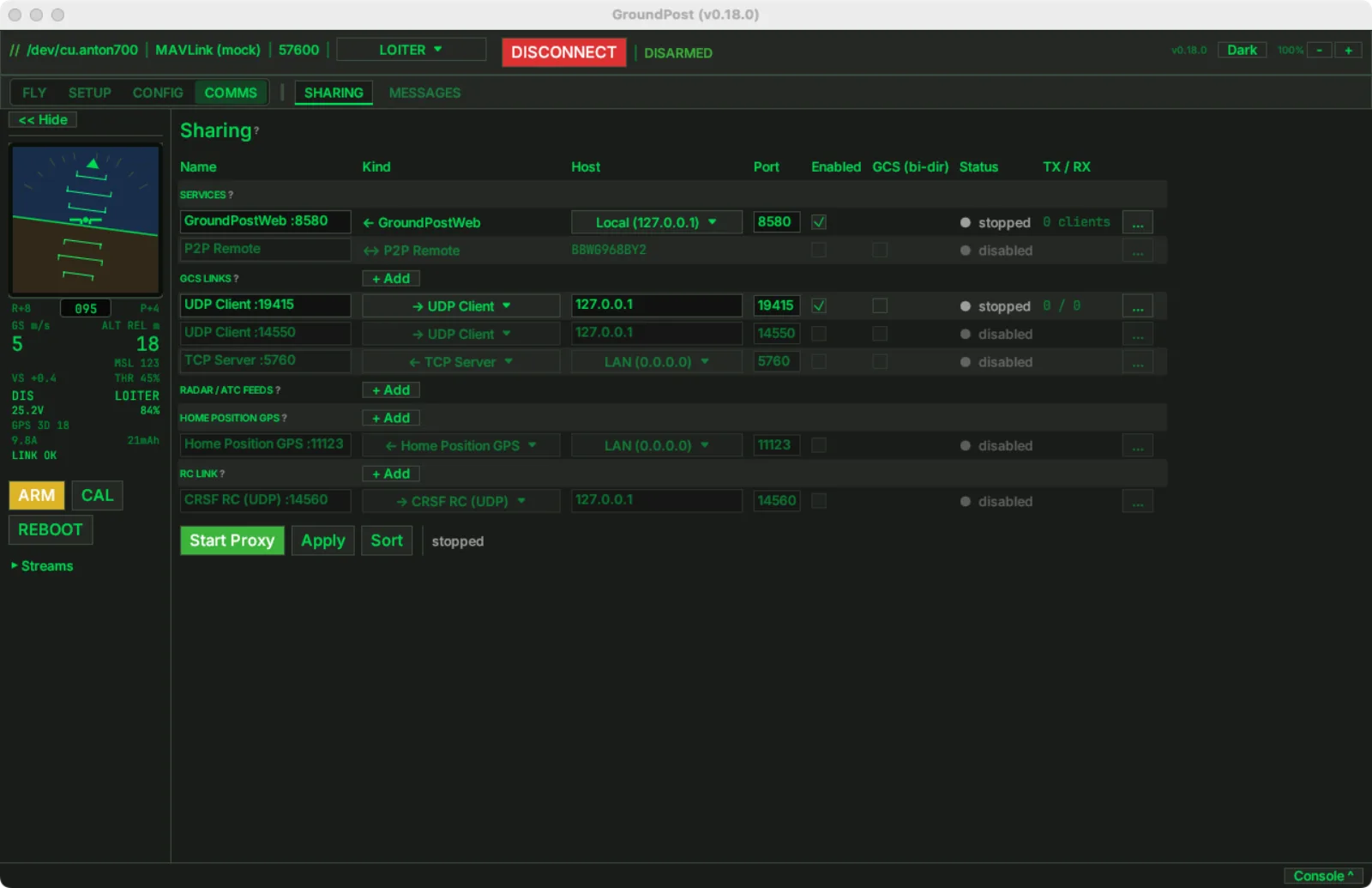 Groundpost Sharing tab with a new RC LINK section containing a CRSF RC (UDP) row for 127.0.0.1:14560