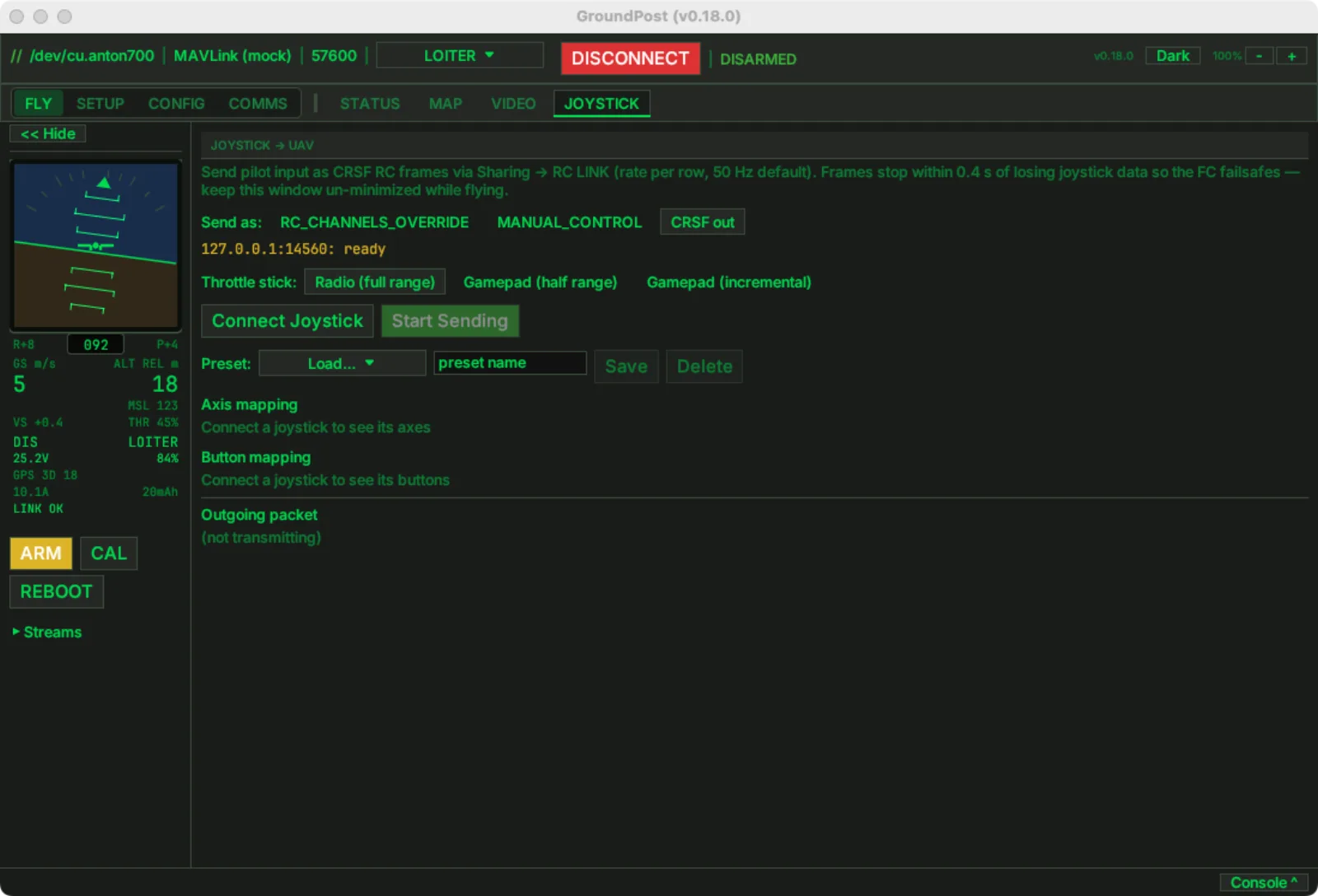 Groundpost Joystick tab with the CRSF out mode selected and a status line reading 127.0.0.1:14560: ready
