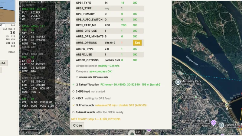 Groundpost EKF Takeoff wizard over the map: step 1 Parameters open with a red AHRS_OPTIONS row and a Set button, steps 2 to 6 collapsed to one line each, footer NOT READY: step 1