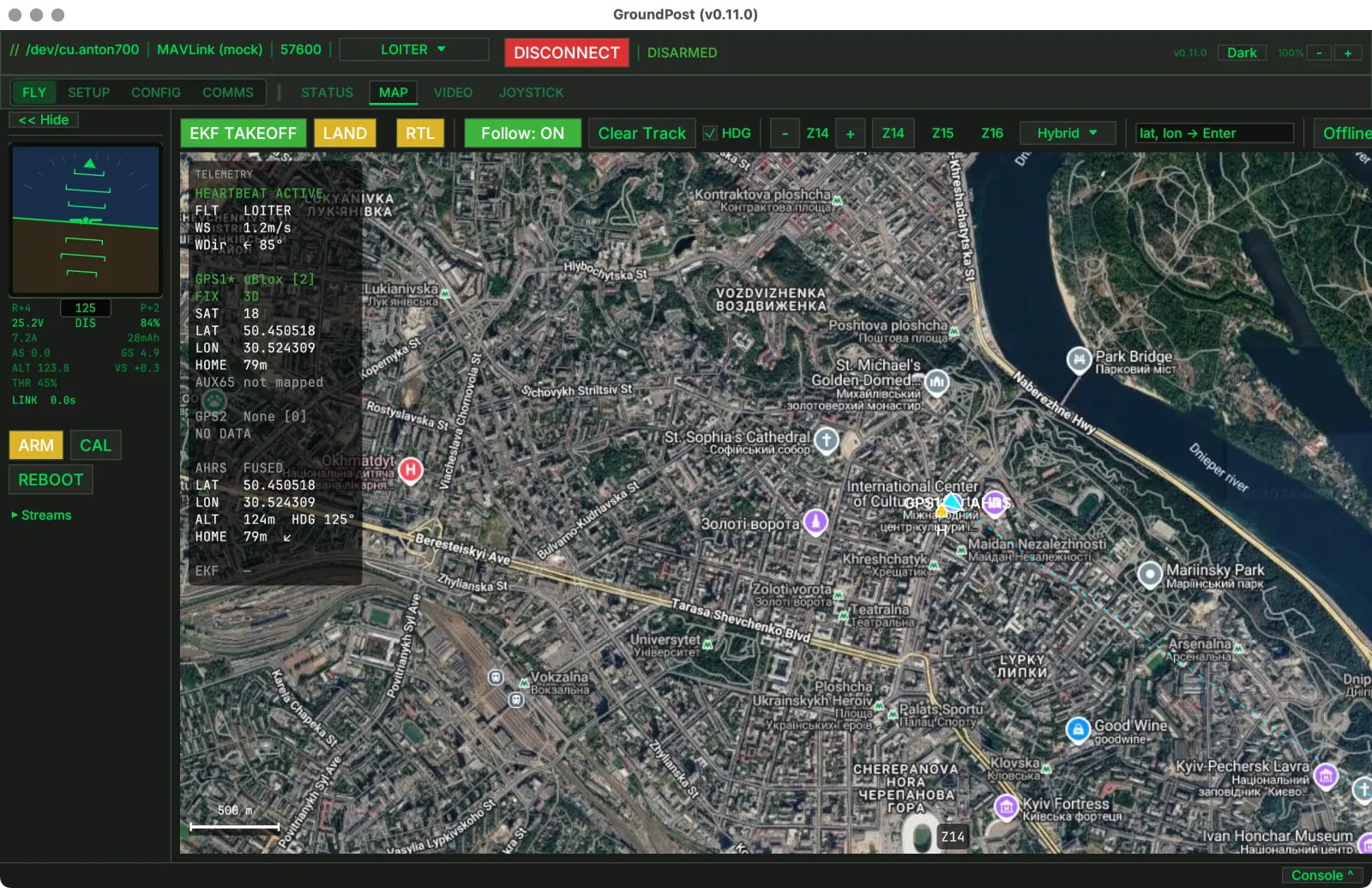Groundpost map tab: dotted cyan heading line projecting from the vehicle across satellite imagery of Kyiv