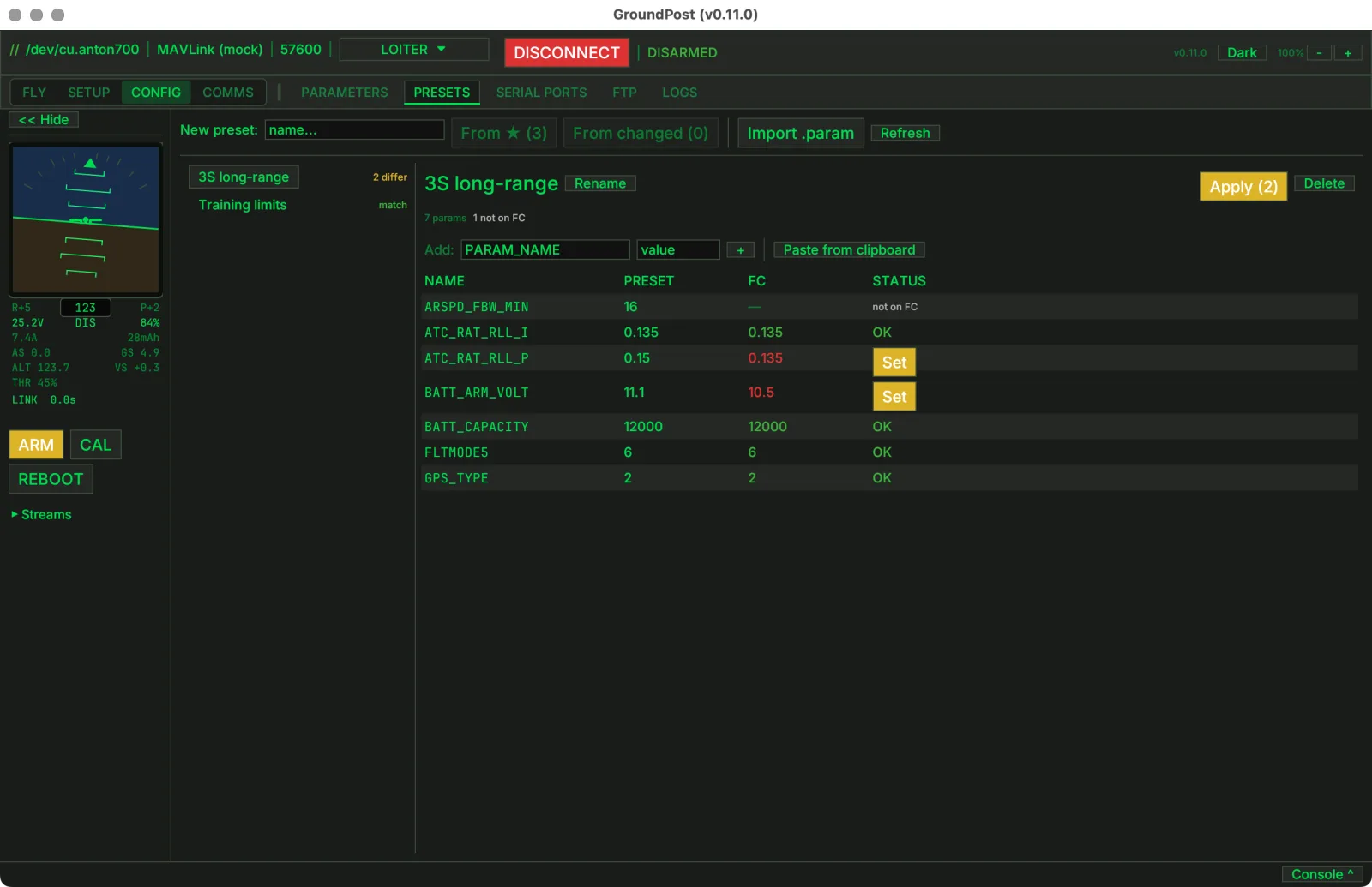 Groundpost presets tab: named parameter presets on the left, a checklist-style diff against the flight controller on the right with per-row Set buttons