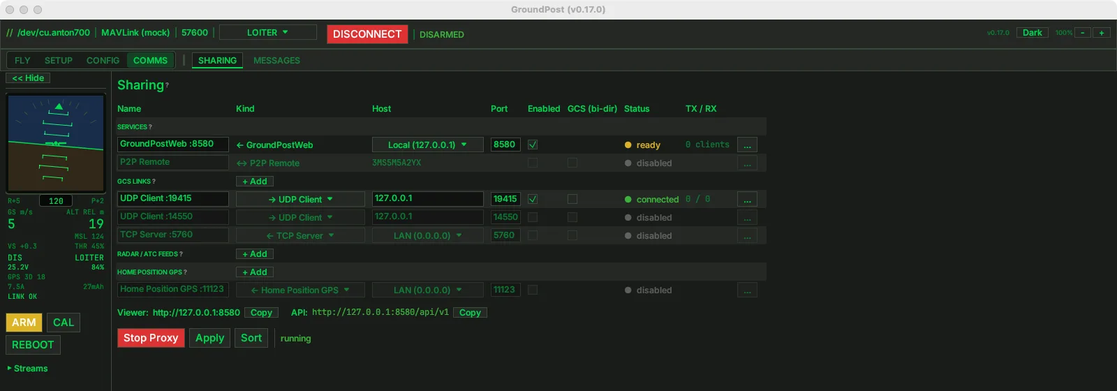 Groundpost Sharing tab: SERVICES section with GroundPostWeb and P2P Remote pinned on top, GCS LINKS section with UDP client and TCP server rows and a + Add button, RADAR / ATC FEEDS and HOME POSITION GPS sections, dimmed rows for outputs that are off, Stop Proxy, Apply and Sort buttons