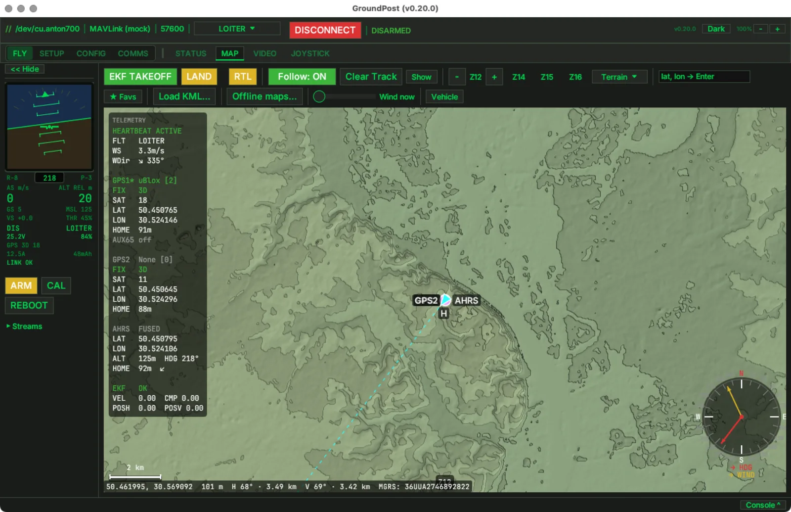 Groundpost map tab on the Terrain layer at zoom 12 near Kyiv: the right-bank hills and the Dnipro valley drawn as stepped elevation bands with contour lines, the vehicle marker and dotted heading line in the centre, cursor readout showing 101 m