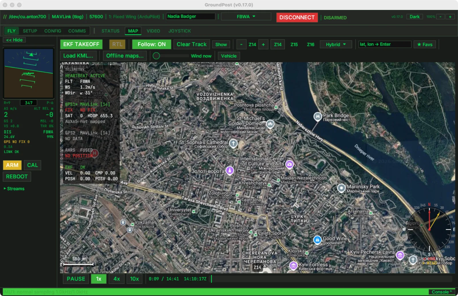 Groundpost map tab replaying a tlog: timeline strip under the map with PAUSE, 1x/4x/10x speed buttons, elapsed and total time, recording UTC clock, and a playhead
