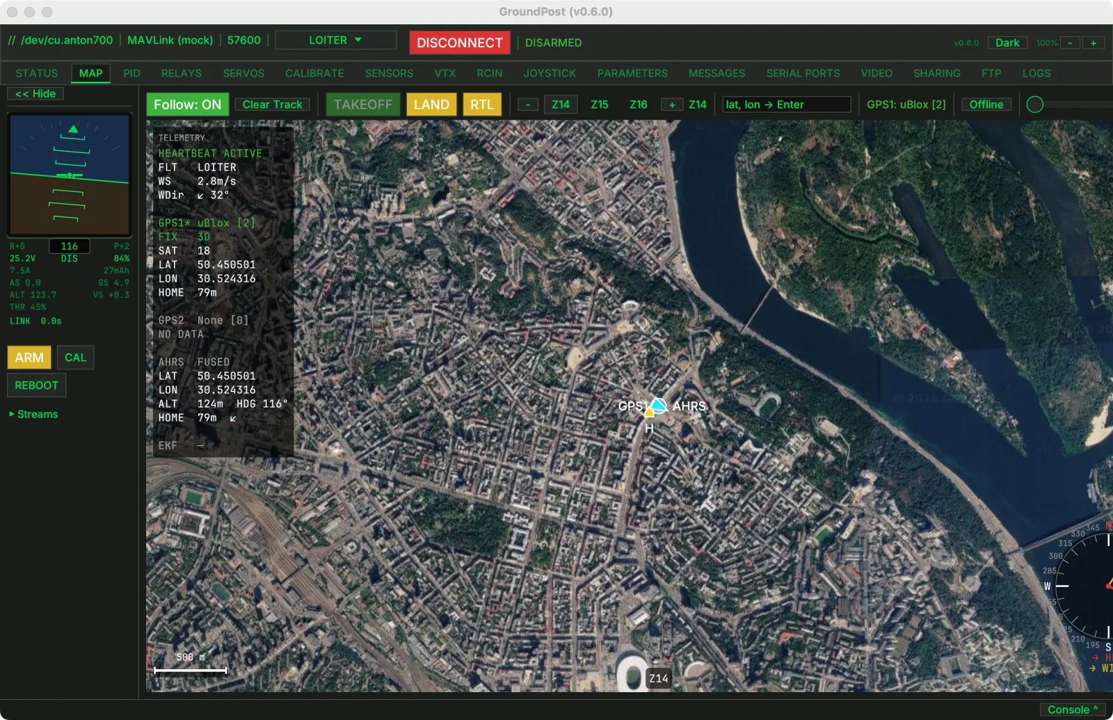 Groundpost map tab: live vehicle position on satellite imagery with telemetry sidebar, flight actions, and compass