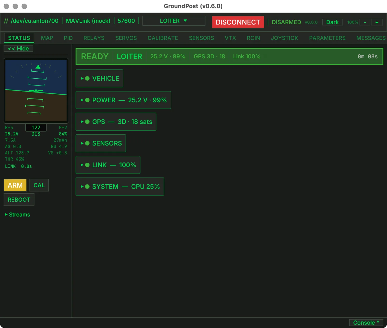 Groundpost status tab: READY banner with flight mode, battery, GPS and link quality, HUD sidebar, vehicle health cards