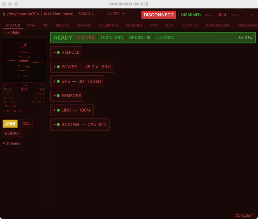 Groundpost status tab in Red night theme